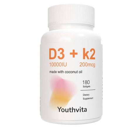 VITAMINA D3 K2 2 EN 1 CON ACEITE DE COCO, 10000 UI, 180 Capsulas