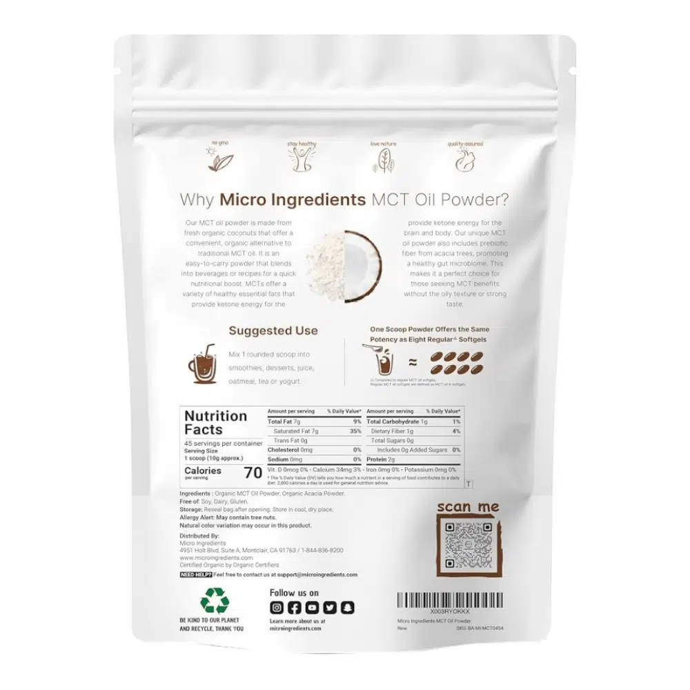 ACEITE ORGANICO MCT EN POLVO CON FIBRA PREBIOTICA, 1 Libra - Imagen 3