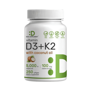 VITAMINA D3 + K2 CON ACEITE DE COCO 5,000 UI, 100 MCG, 250 Capsulas