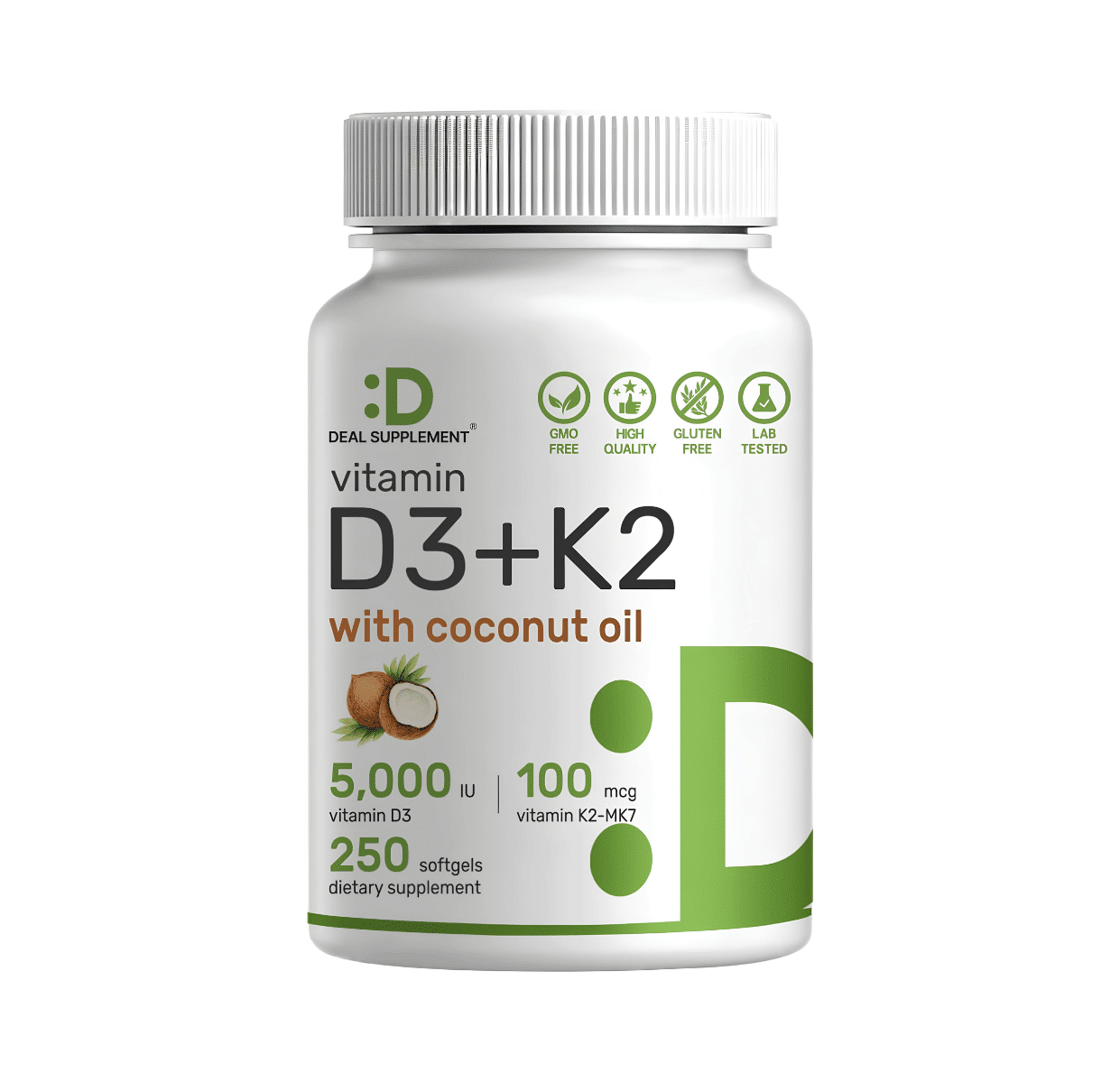 VITAMINA D3 + K2 CON ACEITE DE COCO 5,000 UI, 100 MCG, 250 Capsulas