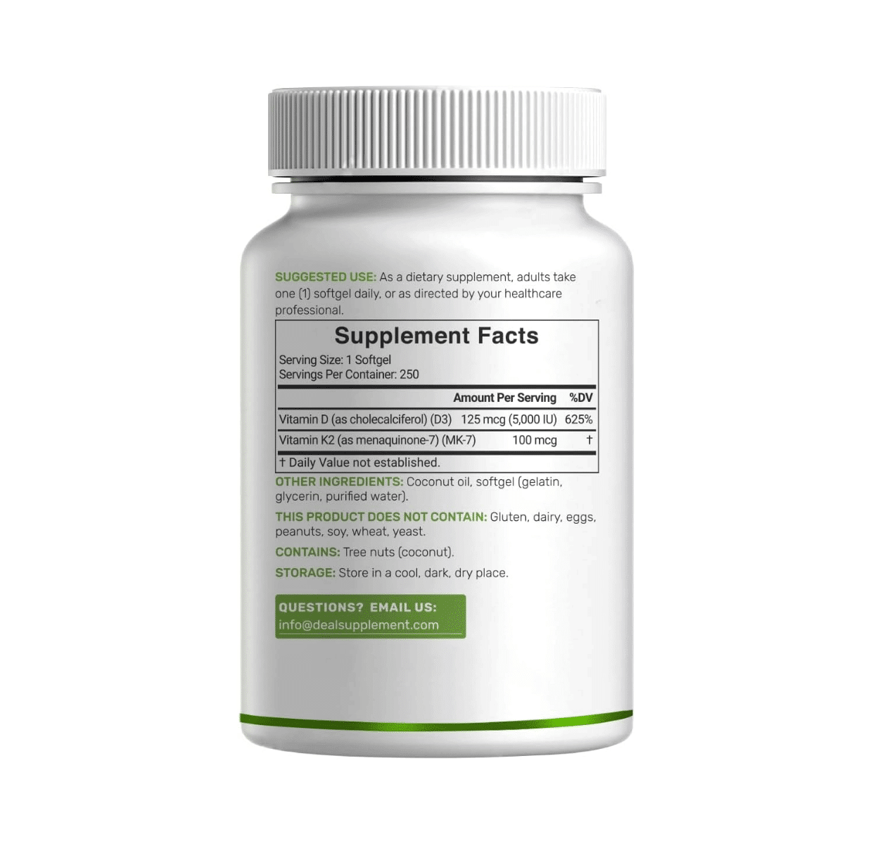 VITAMINA D3 + K2 CON ACEITE DE COCO 5,000 UI, 100 MCG, 250 Capsulas - Imagen 4
