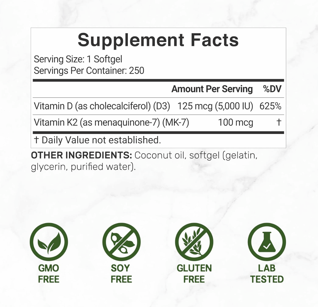 VITAMINA D3 + K2 CON ACEITE DE COCO 5,000 UI, 100 MCG, 250 Capsulas - Imagen 3