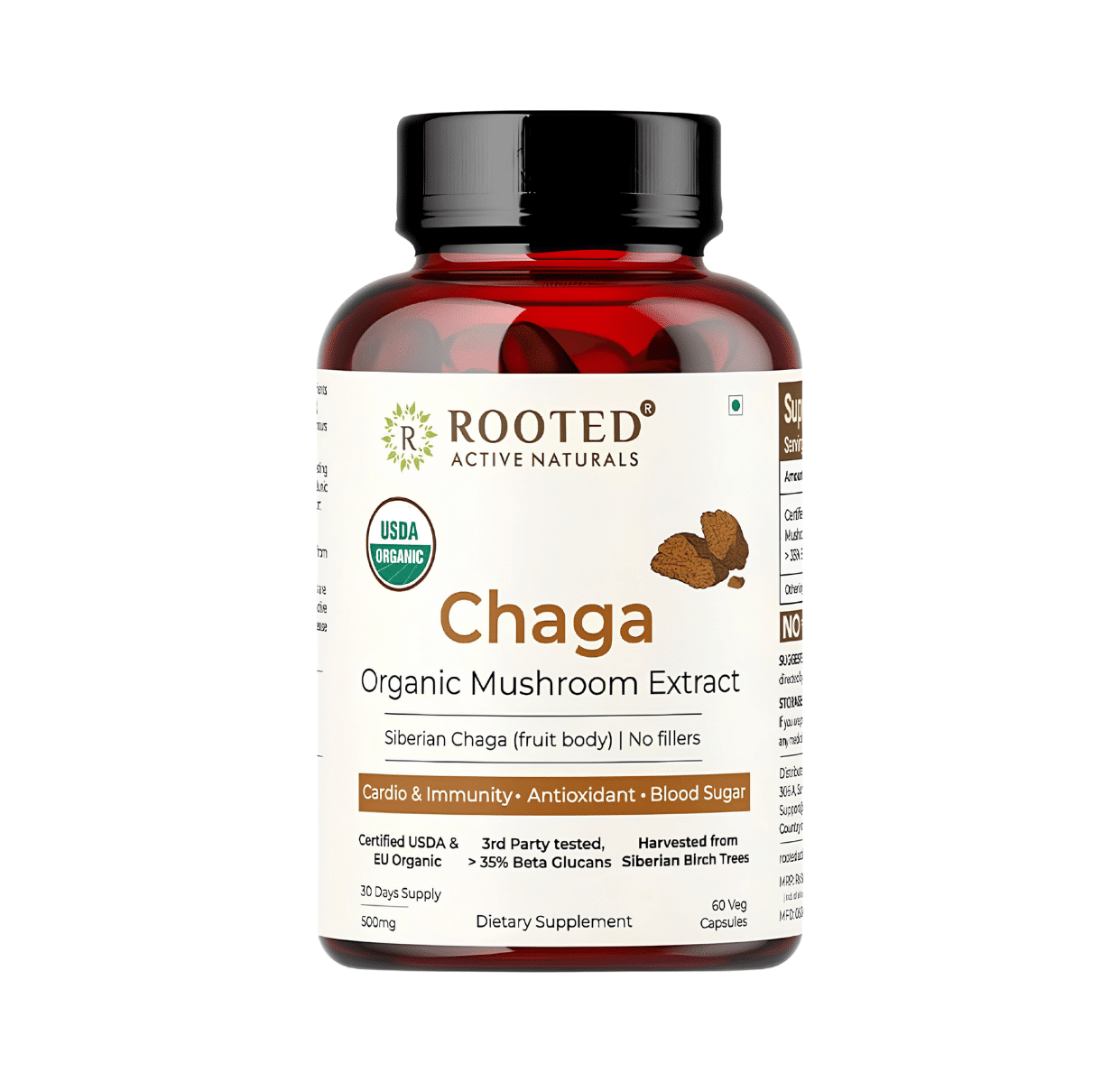 EXTRACTO DE HONGO CHAGA ORGANICO 500 Mg, 60 Capsulas