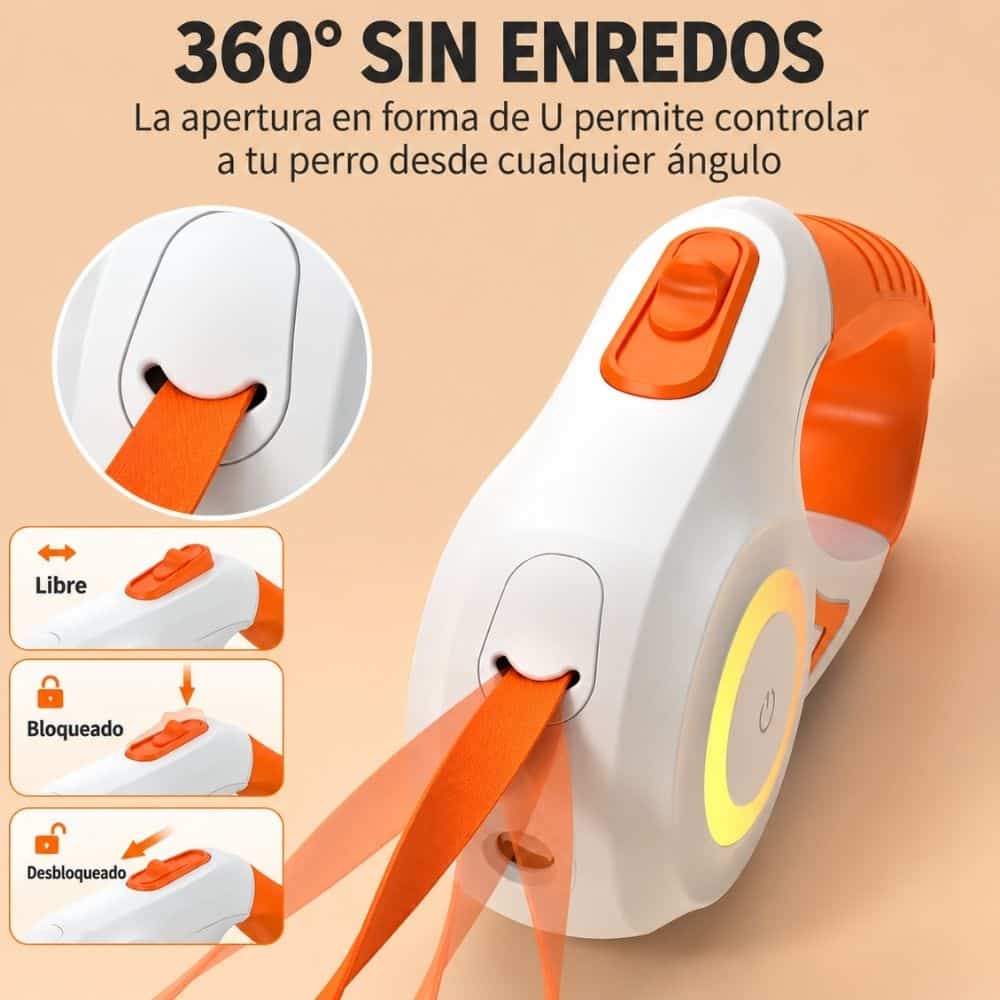 CORREA RETRACTIL NARANJA CON LUZ LED - Imagen 5