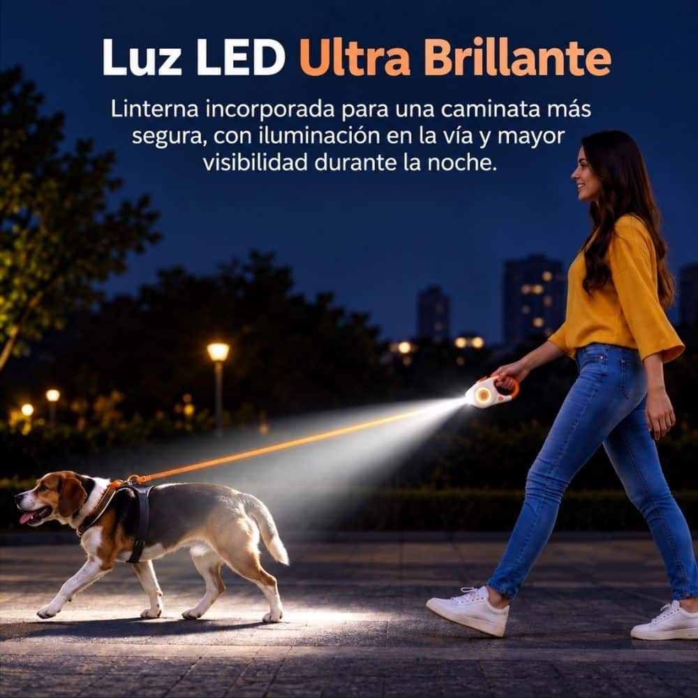 CORREA RETRACTIL NARANJA CON LUZ LED - Imagen 3