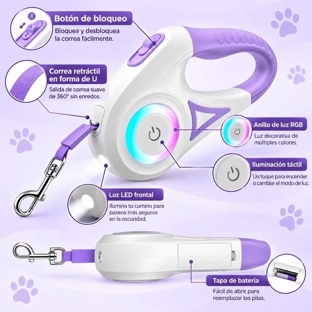 CORREA RETRACTIL MORADA CON LUZ LED - Imagen 3